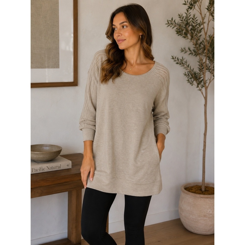 Sparkle & Fade Sweater Women Medium Tan Neutral V Neck Tunic Minimalist Boho